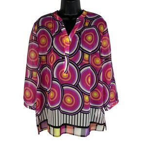 Tribal Womens Tunic Blouse Lg Multi Geometric Abstract Print‎ Long Sleeve Sheer